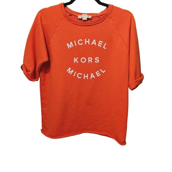 🔥174 Michael Michael Kors Crew Neck Graphic Short Sleeve Orange Sweatshirt - Picture 1 of 8